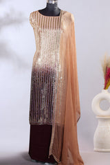 Wine & Brown Ombre Print Georgette Sequin Embroidered Unstitched Suit