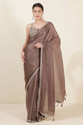 Brown Crepe Silk Saree With Readymade Embroidered Blouse