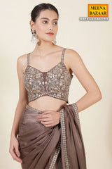 Brown Crepe Silk Saree With Readymade Embroidered Blouse