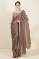 Brown Crepe Silk Saree With Readymade Embroidered Blouse