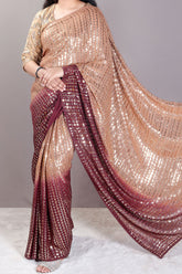Brown & Wine Georgette Sequins Embroidered Saree with Tassels Embellishments