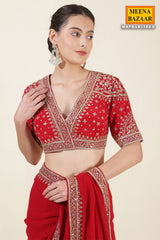 Red Georgette Zari, Sequins Embroidered Saree With Ready To Wear Blouse