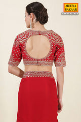 Red Georgette Zari, Sequins Embroidered Saree With Ready To Wear Blouse