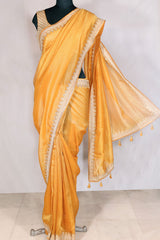 Mustard Shimmer Tissue Zari Embroidered Saree With Ready Blouse
