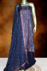 Navy Tussar Silk Unstitched Suit with Intricate Thread Embroider