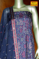 Navy Tussar Silk Unstitched Suit with Intricate Thread Embroider