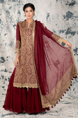 Maroon Georgette Gharara Unstitched Suit
