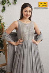 Grey Embroidered Georgette Anarkali Suit