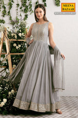 Grey Embroidered Georgette Anarkali Suit