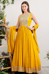 Mustard Embroidered Georgette Anarkali Floor-Length Gown and Dupatta Set