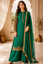 Bottle Green Embroidered Silk Kurta Set