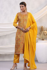 Mustard Silk Threadwork Zari and Sequins Embroidered Unstitched Suit