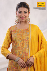 Mustard Silk Threadwork Zari and Sequins Embroidered Unstitched Suit