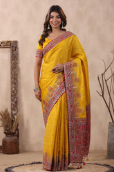 Mustard Silk Threadwork Zari and Sequins Embroidered Saree