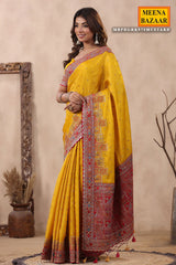 Mustard Silk Threadwork Zari and Sequins Embroidered Saree