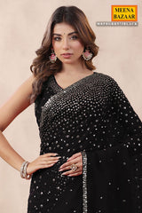 Black Georgette Saree with Zari and Sequins Embroidery