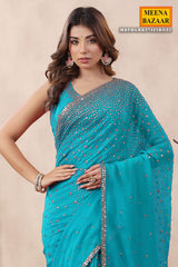 Firozi Georgette Saree with Zari and Sequins Embroidery