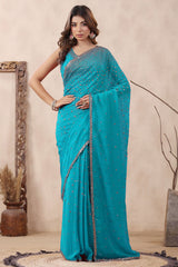 Firozi Georgette Saree with Zari and Sequins Embroidery