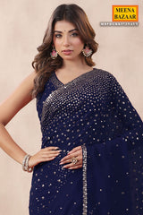 Navy Georgette Saree with Zari and Sequins Embroidery