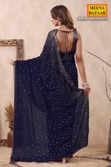 Navy Georgette Saree with Zari and Sequins Embroidery