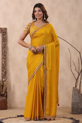 Mustard Jacquard Crepe Sequins Embroidered Saree