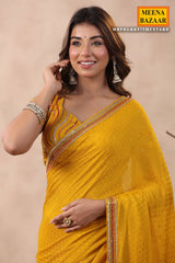 Mustard Jacquard Crepe Sequins Embroidered Saree