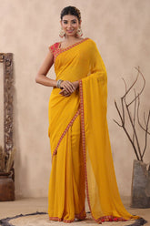 Mustard Georgette Mukaish Embroidered Saree with Readymade Blouse