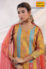 Mustard Silk Floral and Paisley Motif Threadwork and Sequins Embroidered Unstitched Suit