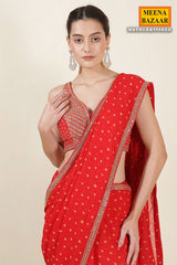 Red Bandhani Printed Zari Embroidered Georgette Saree With Ready Blouse