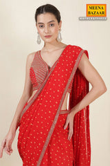 Red Bandhani Printed Zari Embroidered Georgette Saree With Ready Blouse