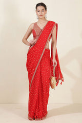 Red Bandhani Printed Zari Embroidered Georgette Saree With Ready Blouse