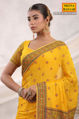 Mustard Jacquard Crepe Floral and Paisley Motif Embroidered Saree