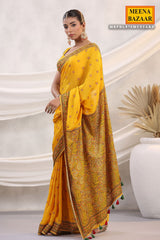 Mustard Jacquard Crepe Floral and Paisley Motif Embroidered Saree