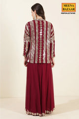 Wine Georgette Mirror Work Embroidered Crop Top Jacket Palazzo 3-Pc Set
