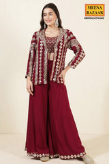 Wine Georgette Mirror Work Embroidered Crop Top Jacket Palazzo 3-Pc Set