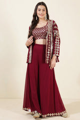 Wine Georgette Mirror Work Embroidered Crop Top Jacket Palazzo 3-Pc Set