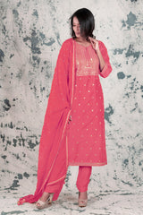 Gajari Chanderi Zari and Sequins Embroidered With Chinon Dupatta Unstitched Suit