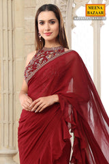 Maroon Georgette Pleated Saree