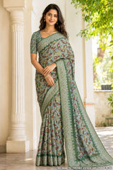 Printed Work Sea Green Cotton Embroidered Border Saree