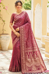 Rimzim Wine Silk Weaving Jaal Saree