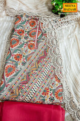 Resham Multi Thread Embroidered Unstiched Beige Silk Suit