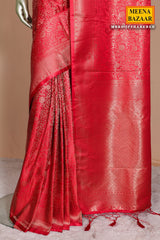 Red Silk Weaving Saree Traditional Festive Wear