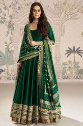 Bottle Green Silk Embroidered Gown