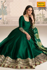 Bottle Green Silk Embroidered Gown