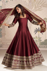 Maroon Silk Embroidered Gown