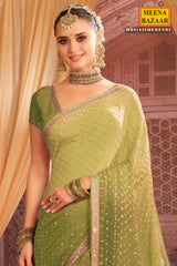Mehandi Jacquard Sequins and Zari Embroidered Saree