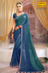 Navy Georgette Zari and Sequins Embroidered Saree