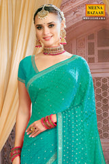 Rama Jacquard Sequins and Zari Embroidered Saree