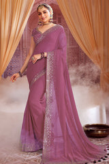 Mauve Georgette Zari and Sequins Embroidered Saree
