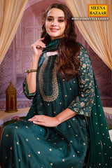 Bottle Green Maslin Zari Sequins Embroidered Unstitched Suit